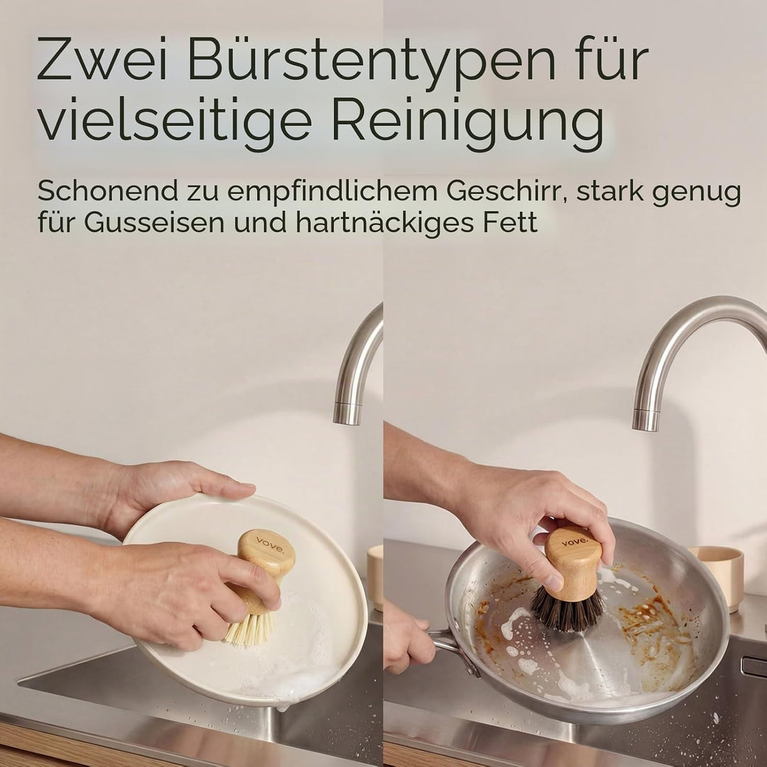 Vove Spülbürsten-Set mit Keramikbecher, 3er-Set – FSC-zertifizierter Bambus, plastikfreie, natürlich