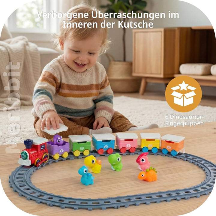 Montessori Zug Set mit Schienen, Licht & Dampfeffekt, Dinosaurier Fingerpuppen, Lernspielzeug für Ki