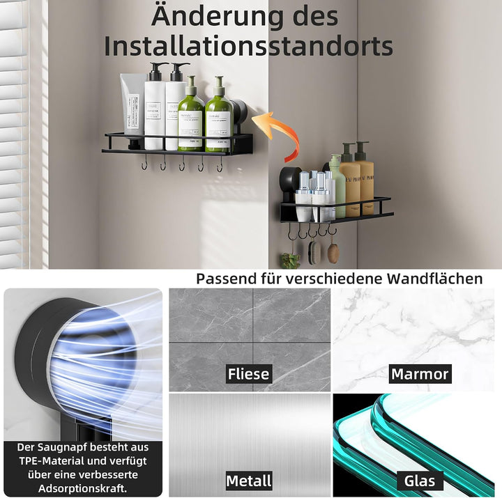 Wisfame Duschablage Saugnapf ohne Bohren,2 Stück Aluminium Badregal Saugnäpfen,Saugnapf Badezimmer R