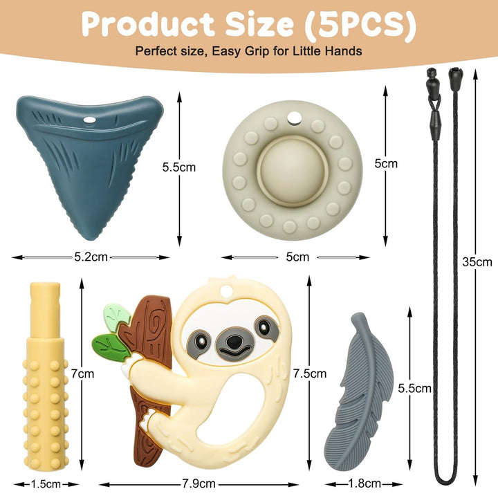 CLDY Kaukette für Kinder, 5 Stück Sensory Kauen Halskette, Kau-Charm, Beissring aus Silikon BPA-frei