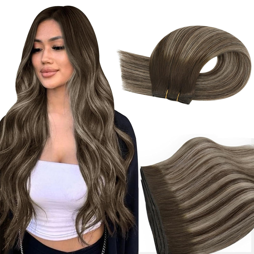 Ugeat Weft Extensions Echthaar Aschblond Balayage Tressen Extensions Echthaar Ombre Bunkelbraun Echt