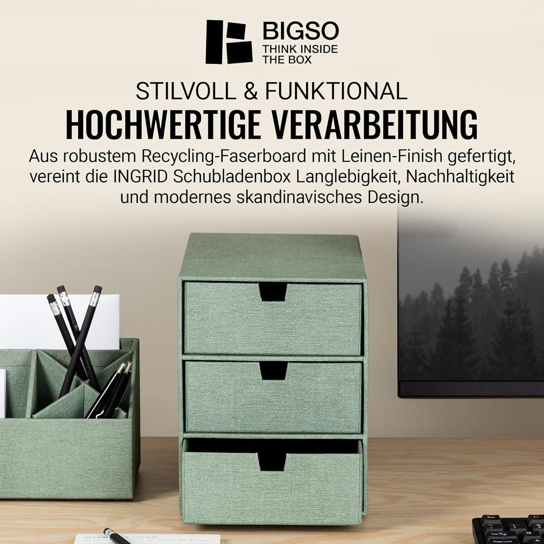 BIGSO INGRID Schubladenbox für Dokumente und Bürobedarf – Schreibtisch Organizer mit 3 Schubladen –