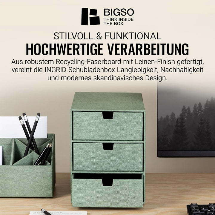 BIGSO INGRID Schubladenbox für Dokumente und Bürobedarf – Schreibtisch Organizer mit 3 Schubladen –