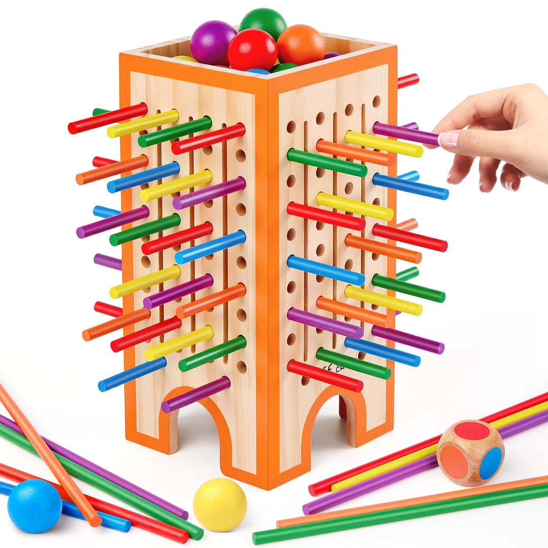 Montessori Spiel Brettspiel aus Holz, 42 Bunte Holzstäbchen &amp; 12 Bälle Kinderspiele ab 3 4 5 6 Jahre
