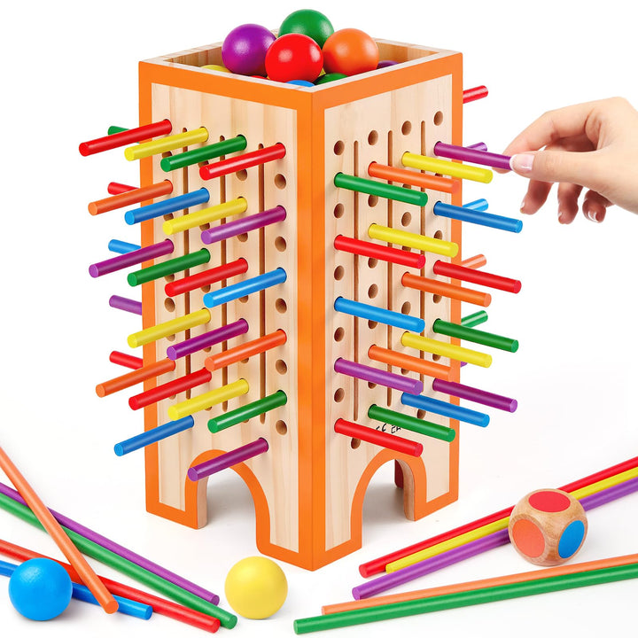Montessori Spiel Brettspiel aus Holz, 42 Bunte Holzstäbchen &amp; 12 Bälle Kinderspiele ab 3 4 5 6 Jahre