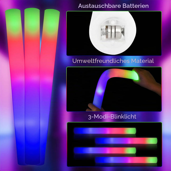 42 Stück Leuchtstab Schaumstoff LED Leuchtstäbe Riesige Mehrfarbige Partystäbe mit 3 Lichtmodi, Blin