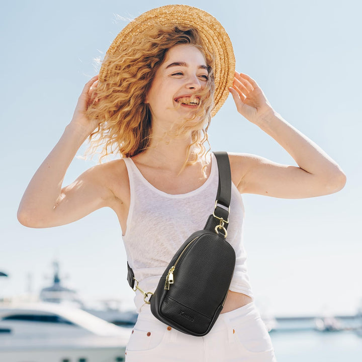 Kattee Damen Brust-Umhängetasche Echtes Leder Sling-Rucksack Kleine Umhängetasche mit RFID-Blockieru