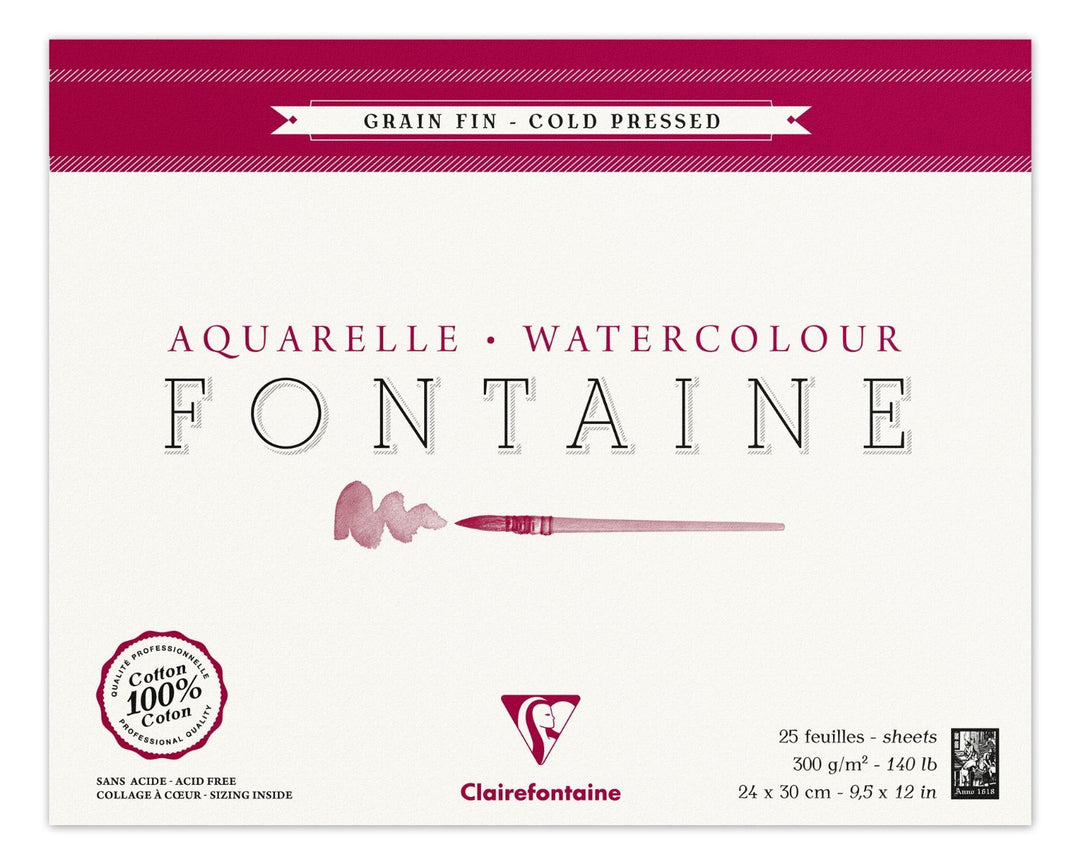 Clairefontaine 96414C Malblock, 4-seitig verleimt Aquarellpapier Feinkörnig, Fontaine/Hadern, 24 x 3