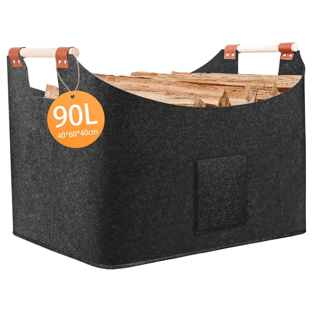 Faltbarer Holzkorb Filztasche 40 x 40 x 60 cm 96L, Korb Aus Brennholz Mit Griff, Extra Dicker Filzko