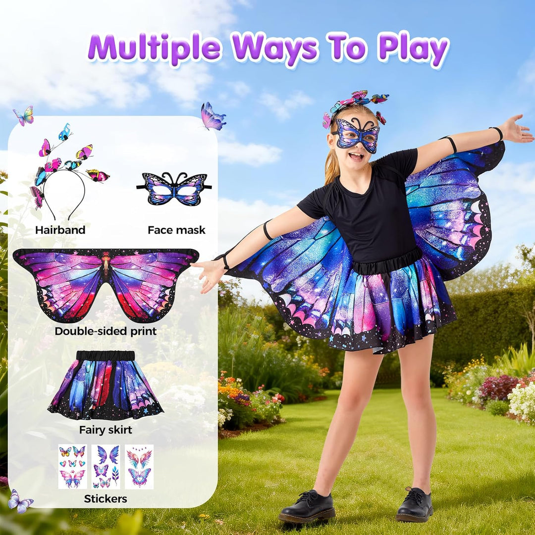 Schmetterling Kostüm Kinder mit Schmetterlingsflügel, Rock, Haarband, Maske und Schmetterlingsaufkle