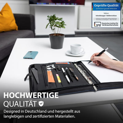 Vebon® Schreibmappe Ringbuch A4 Berlin I Reissverschluss + Klemmbrett I Konferenzmappe + Laptoptasch