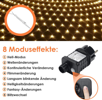 Ikodm 204 LED Lichternetz 3x2m,Warmweiss Lichterkette Netz, 8 Modi Lichterkettennetz Innen und Ausse