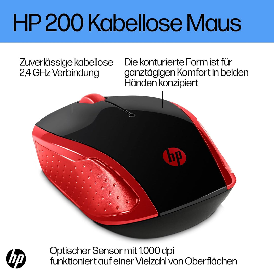 HP 200 (2HU82AA) kabellose Maus (1.000 dpi, 3 Tasten, Scrollrad, USB dongle) schwarz / rot rot Singl