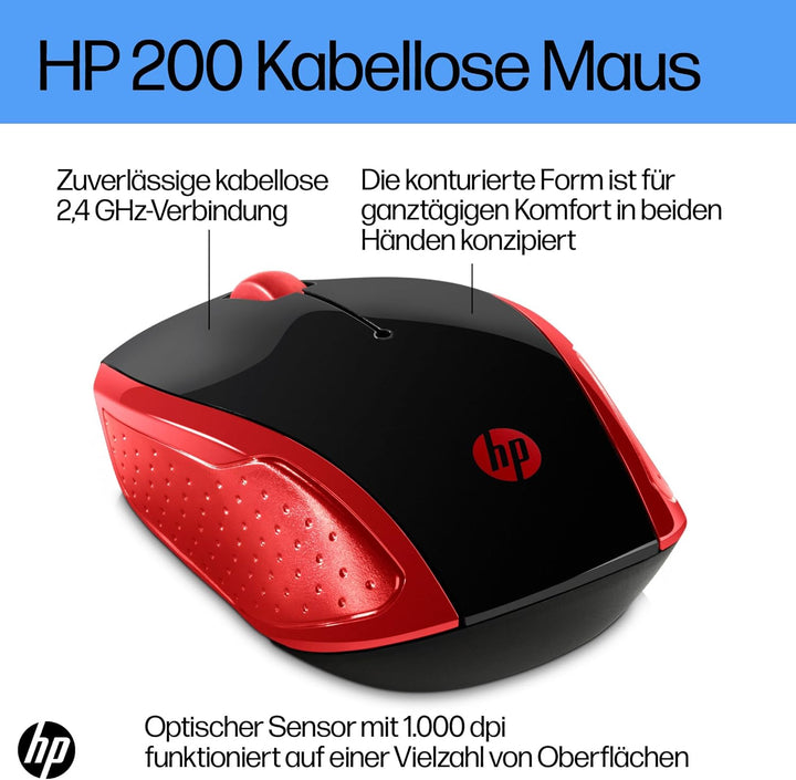 HP 200 (2HU82AA) kabellose Maus (1.000 dpi, 3 Tasten, Scrollrad, USB dongle) schwarz / rot rot Singl
