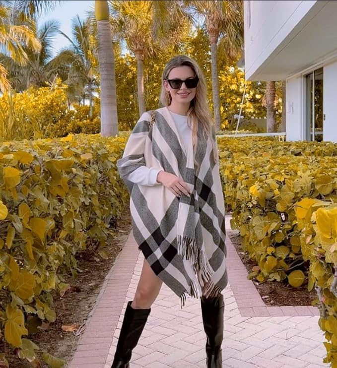 breezy lane Damen Schal Wrap Plaid Poncho Cape Übergrosse Open Front Strick Umhang Quaste Decke Card