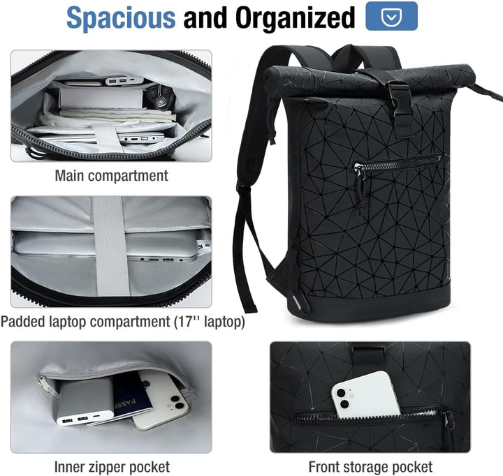 Rolltop Rucksack Wasserdicht für Damen & Herren, Grosser Laptop Rucksack mit Computerfach für 17 Zol