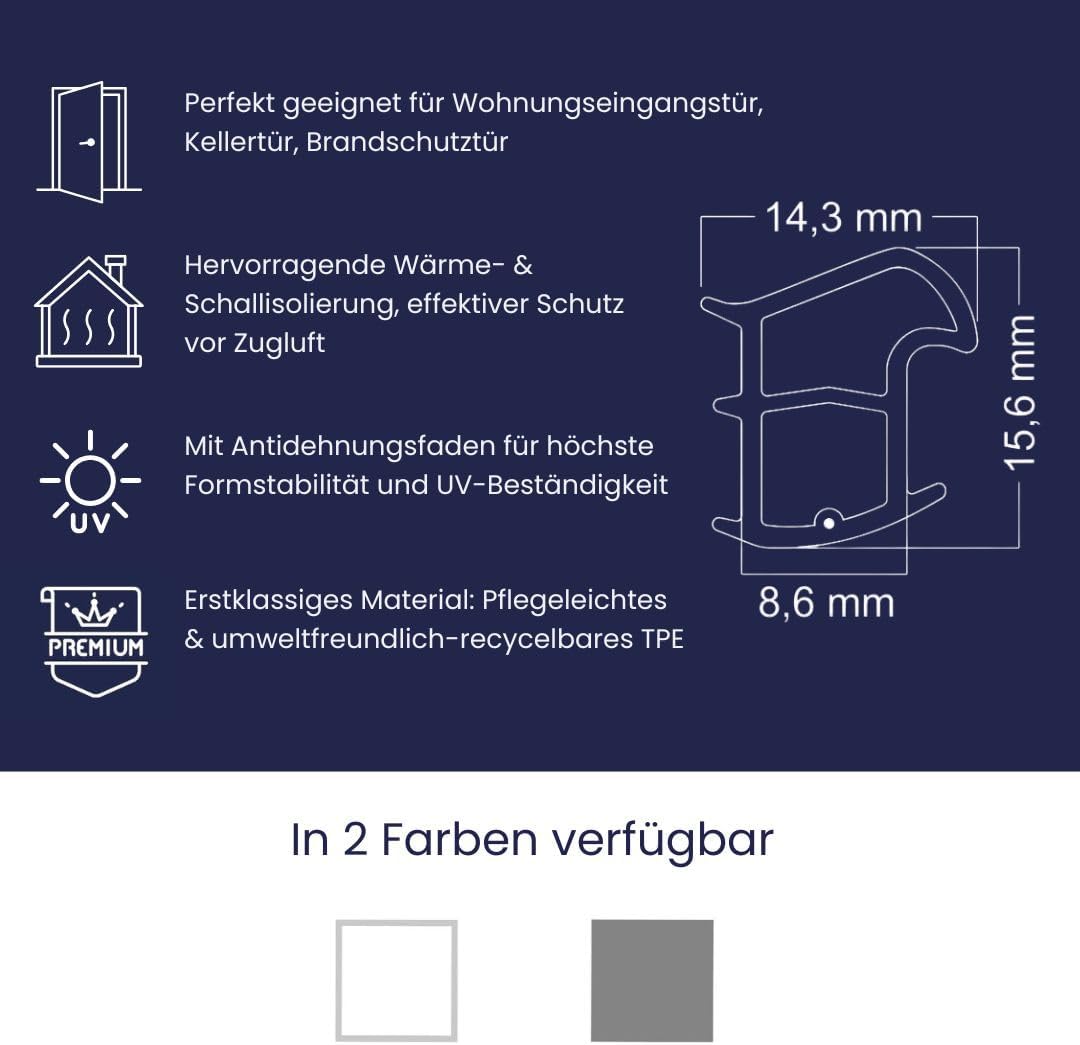 Stahlzargendichtung Weiss 10m - gegen Zugluft Lärm & Staub spart Heizkosten Dichtung Dichtungshöhe 1