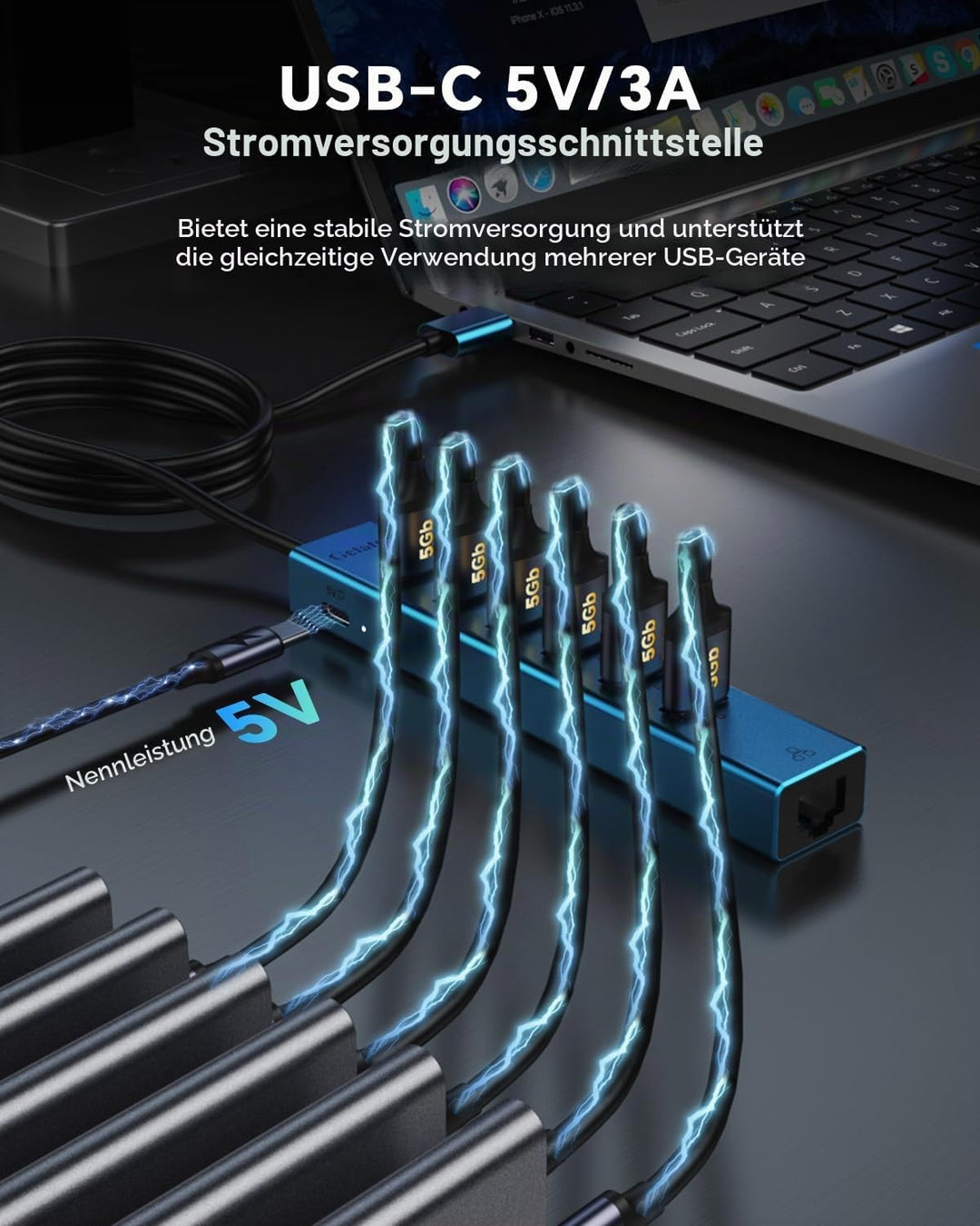 120cm USB auf Ethernet Adapter mit 6-Port USB 3.0 Hub, RJ45 Gigabit Netzwerkadapter, Typ-C 5V Input,