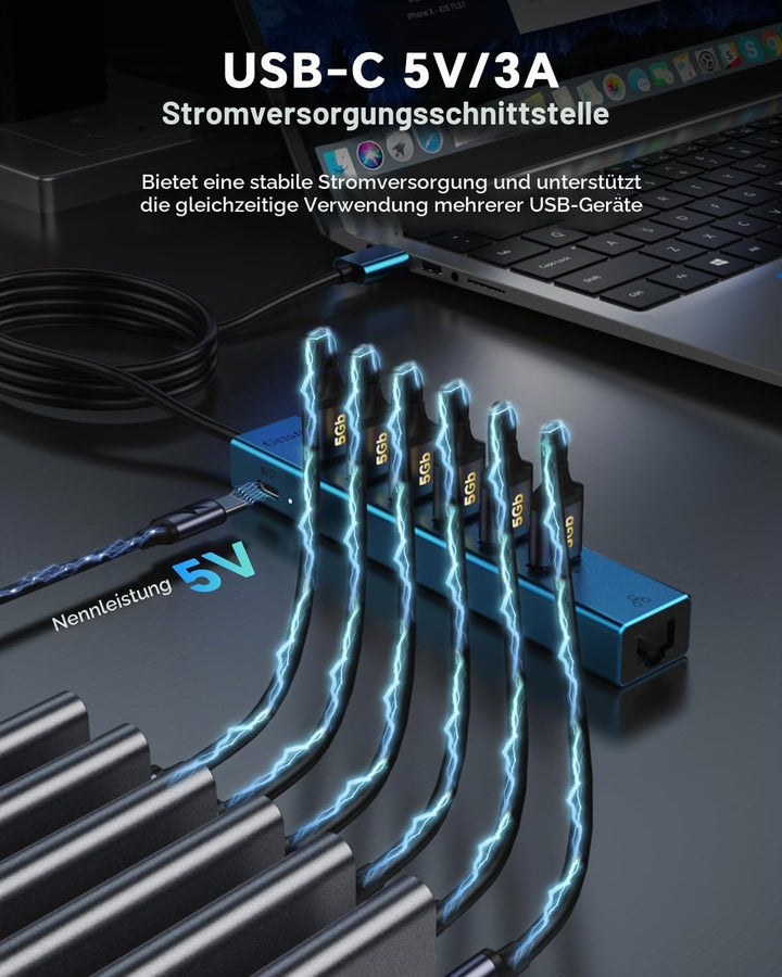 120cm USB auf Ethernet Adapter mit 6-Port USB 3.0 Hub, RJ45 Gigabit Netzwerkadapter, Typ-C 5V Input,