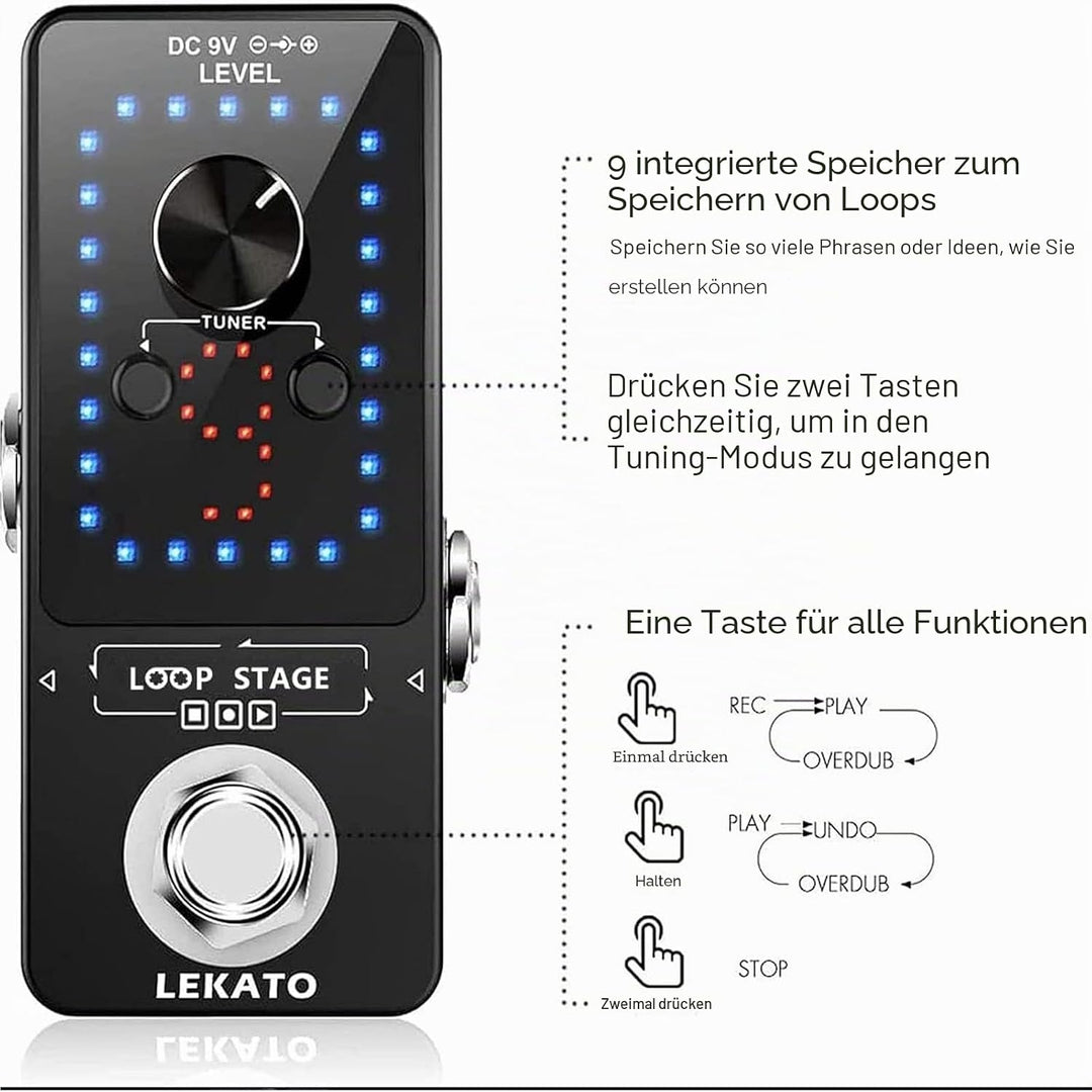 Guitar Looper mit Netzteil, LEKATO 9 Loops 40 Minuten Aufnahmezeit Gitarren-Looper Eingebautes Stimm
