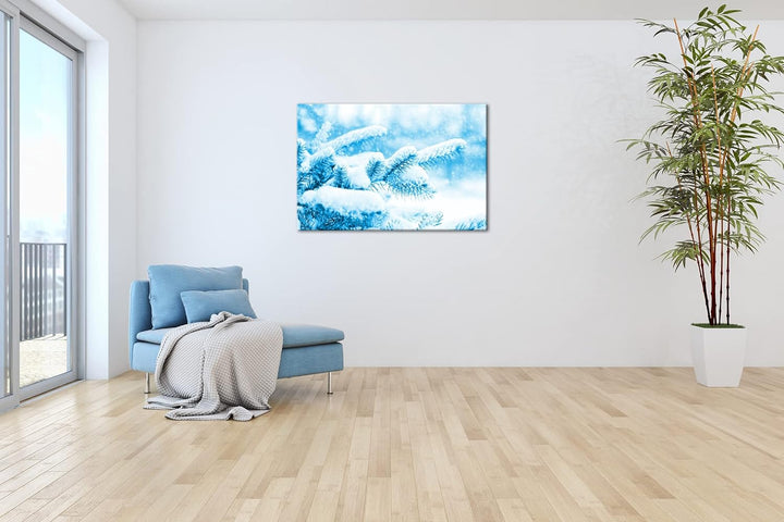 deyoli Kiefernzweige im Winter Format 80x60 Effekt: Monocrome Blau als Leinwandbild, Motiv fertig ge