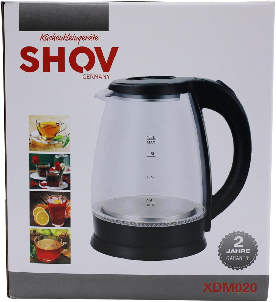 SHOV Glas Wasserkocher 1,8L – 1500W, LED-Beleuchtung, 360° Basis, Trockenlaufschutz – Schwarz