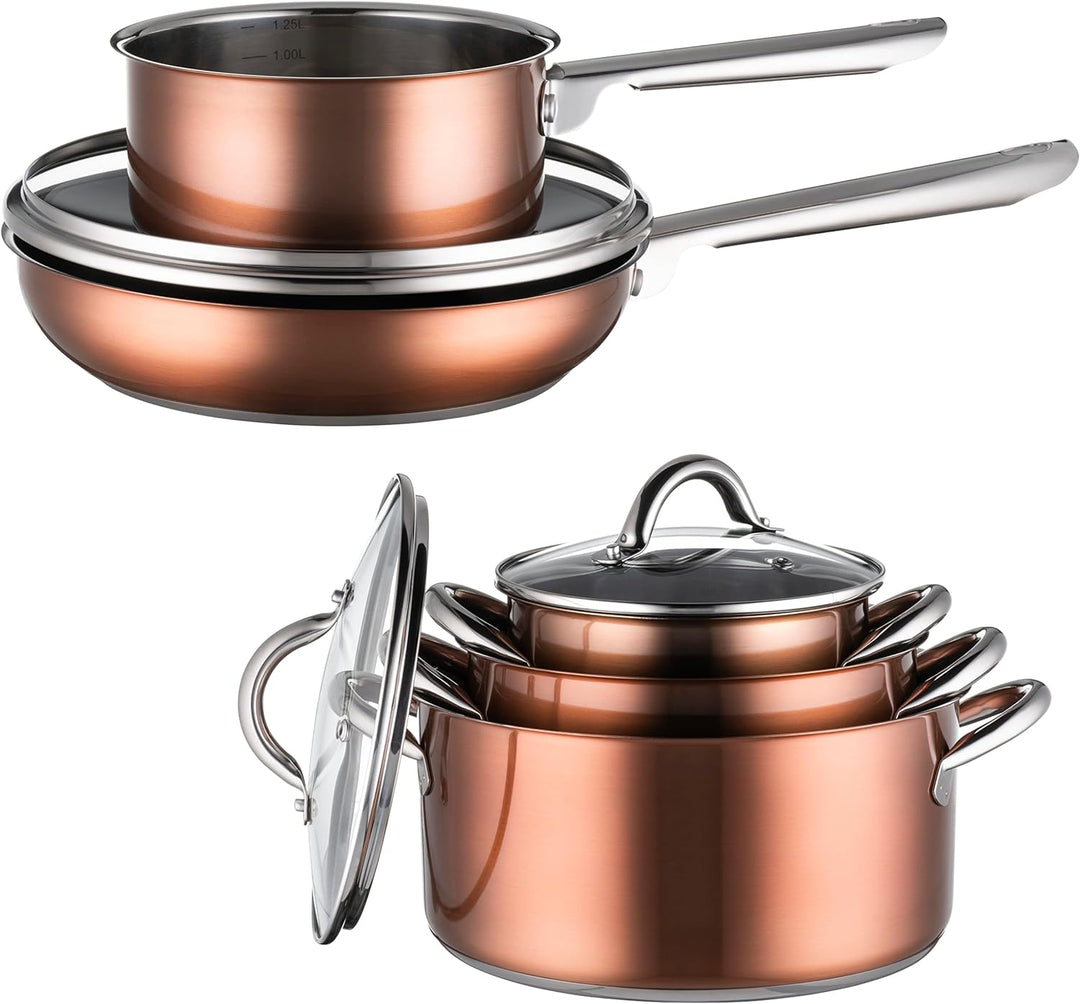 MÄSER Asterion Topfset in modernem kupferfarbenem Design, 4 Töpfe, 1 antihaftbeschichtete Pfanne und