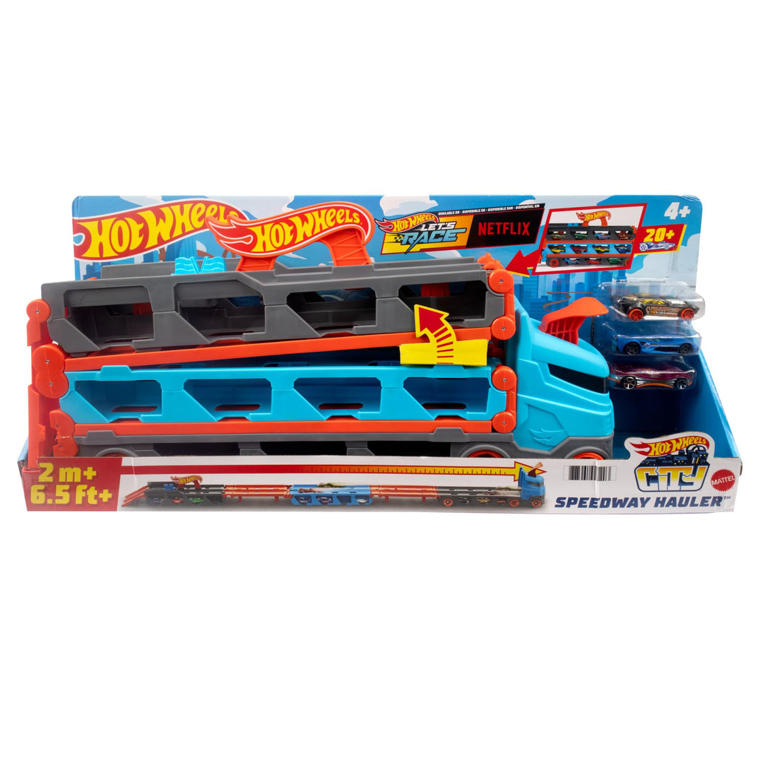 Hot Wheels 2:1 Autorennbahn zu Transporter, inkl. 3 Spielzeugautos, mit Doppelstarter, Auslösefunkti