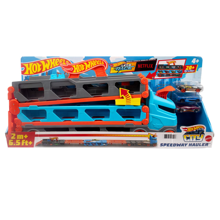 Hot Wheels 2:1 Autorennbahn zu Transporter, inkl. 3 Spielzeugautos, mit Doppelstarter, Auslösefunkti