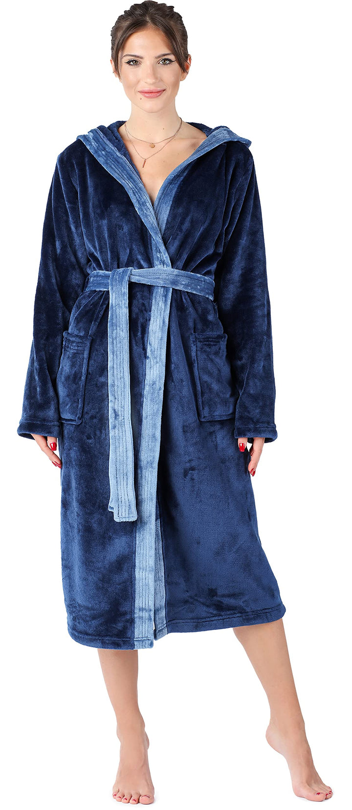 Damen Bademantel lang mit Kapuze und Gürtel BLV50-168, Dunkelblau / Blau