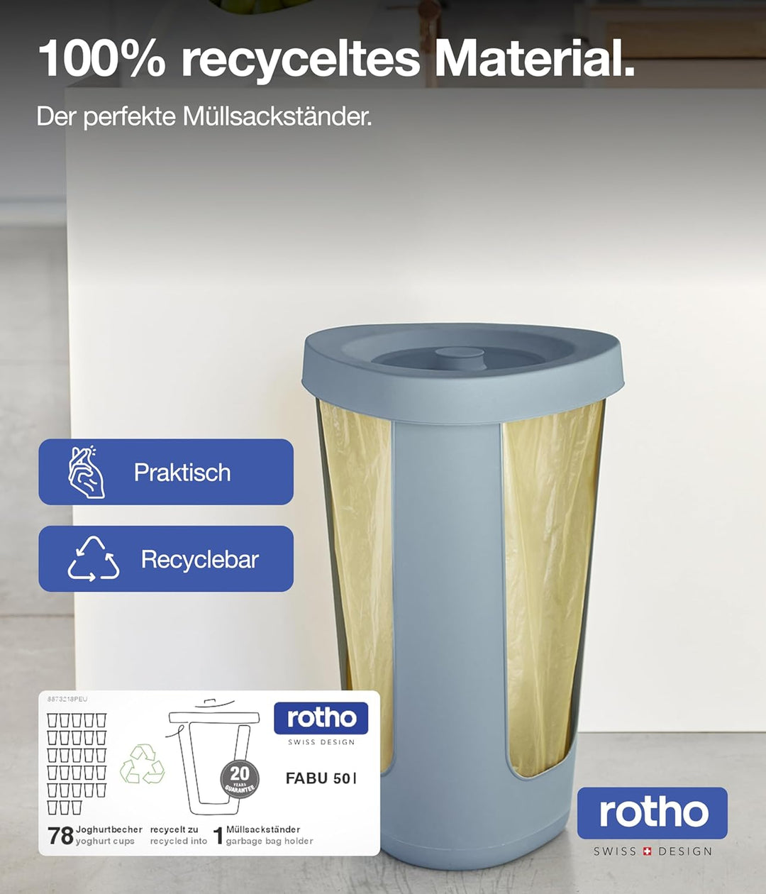 Rotho Fabu Müllsackständer gelber Sack mit Deckel, Kunststoff (PP recycelt), blau, 40 cm 1 x Müllsac
