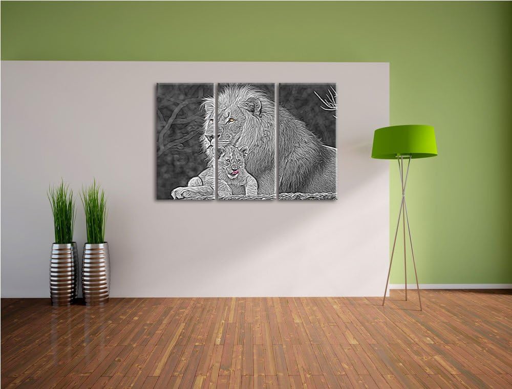 liebevolle Löwe kuschelt mit kleinem Jungtier schwarz/weiss Deluxe 3-Teiler Leinwandbild 120x80 Bild