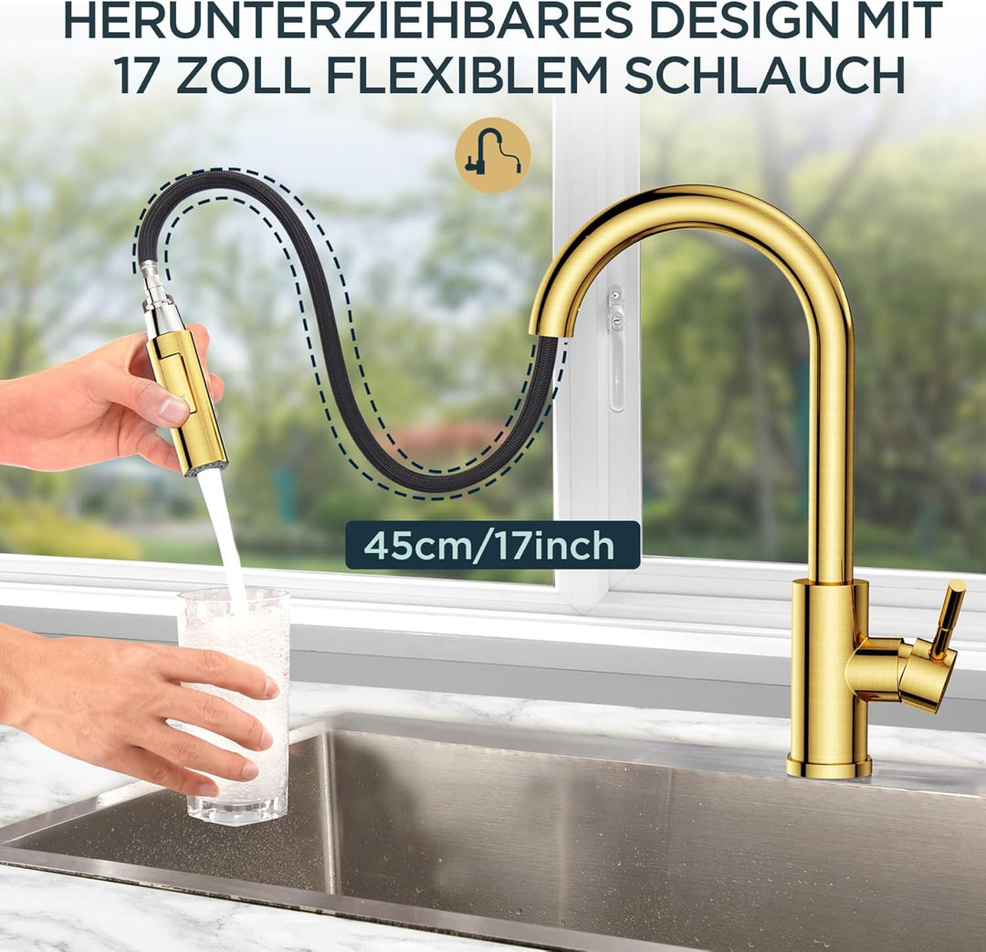 FORIOUS Wasserhahn Küche, Hoher Bogen Küchenarmatur mit Herausziehbarer Brause Ausziehbar Armatur, M
