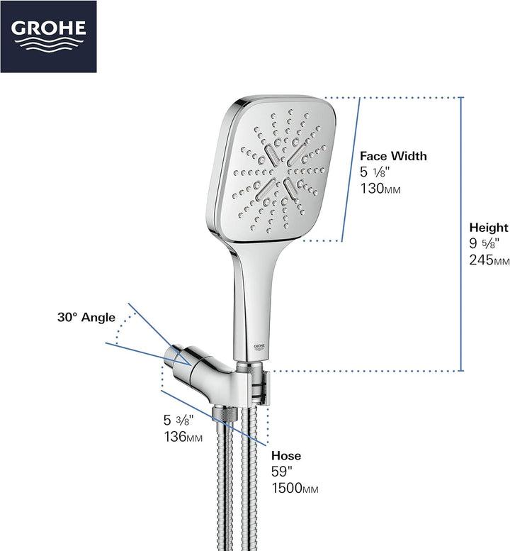 GROHE 26605000 Regendusche SmartActive Handbrause - 3 Sprühstösse, 1,75 gpm, Starlight Chrom Quadrat
