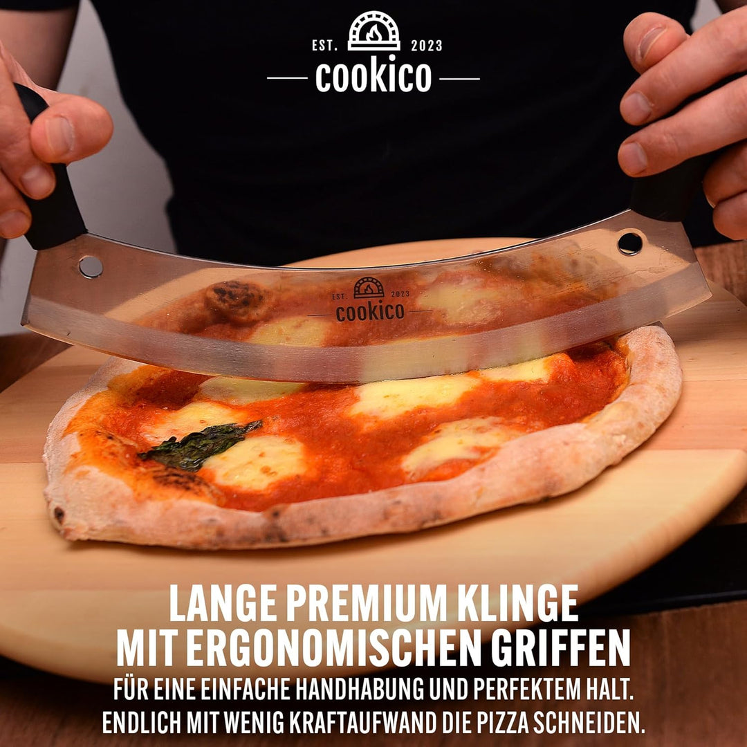 Pizzaschneider 30cm gross mit ergonomischen Handgriffen & Klingenschutz – Profi Wiegemesser für Pizz