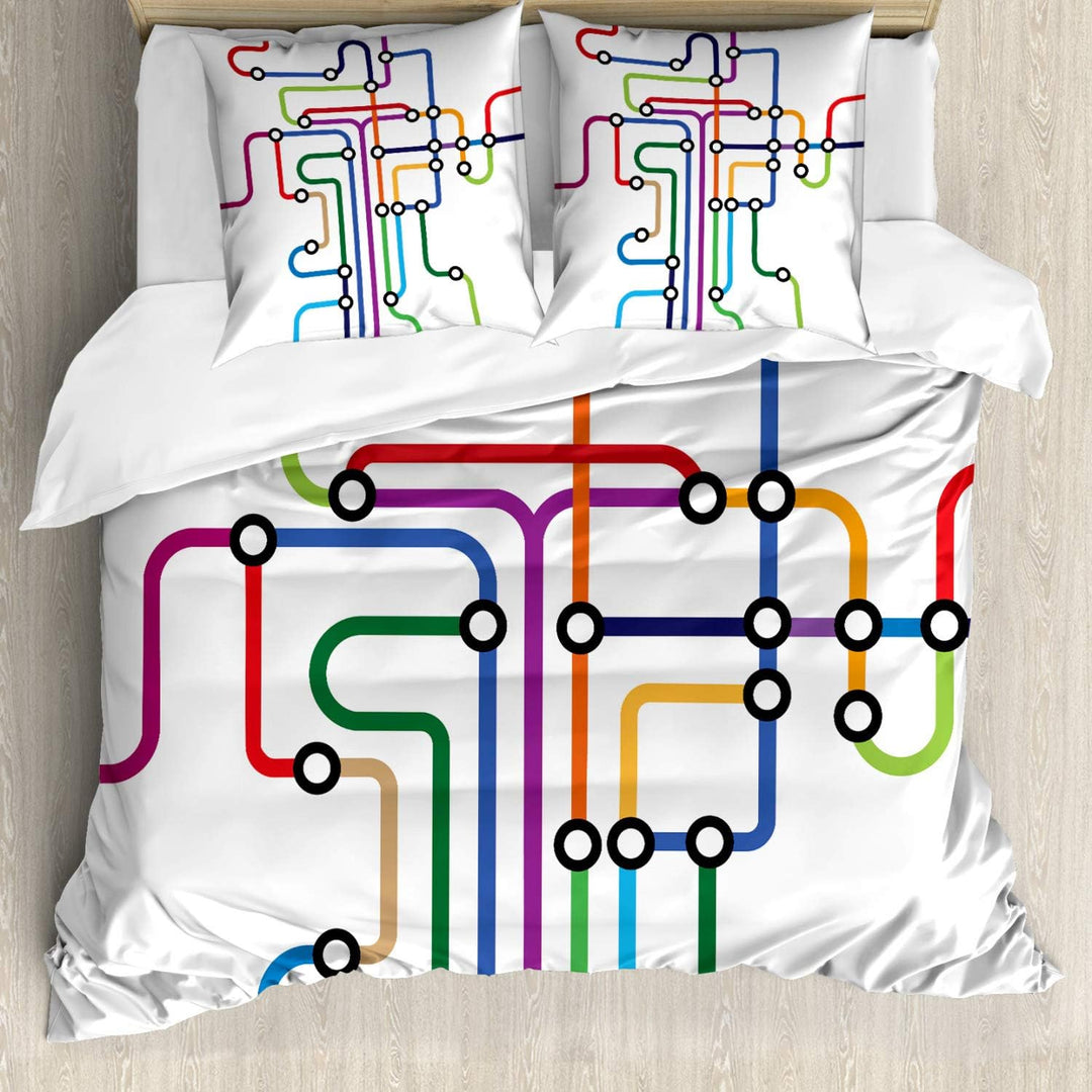 ABAKUHAUS Karte Bettbezugs Set Für Doppelbetten, Abstrakte Bunte U-Bahn, Milbensicher Allergiker gee
