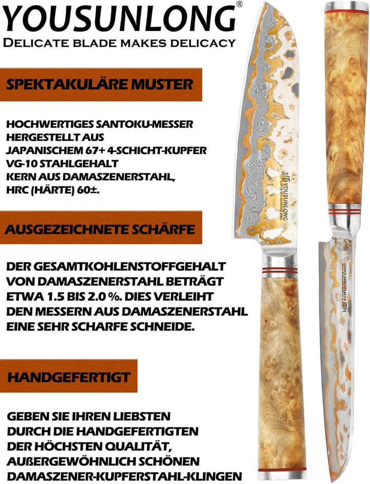 YOUSUNLONG Santoku-Messer 120mm - Handgefertigtes Japanisches Kochmesser mit KupferDamaszener Stahlk
