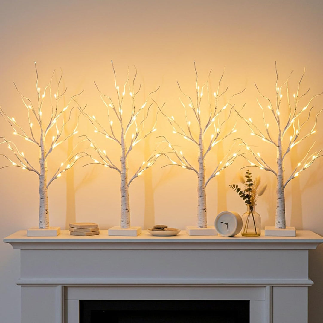 DELICHTER 4er Set Lichterbaum Lichterzweige für Innen 24 Warmweiss LEDs Bäumchen Birken Dekozweige B