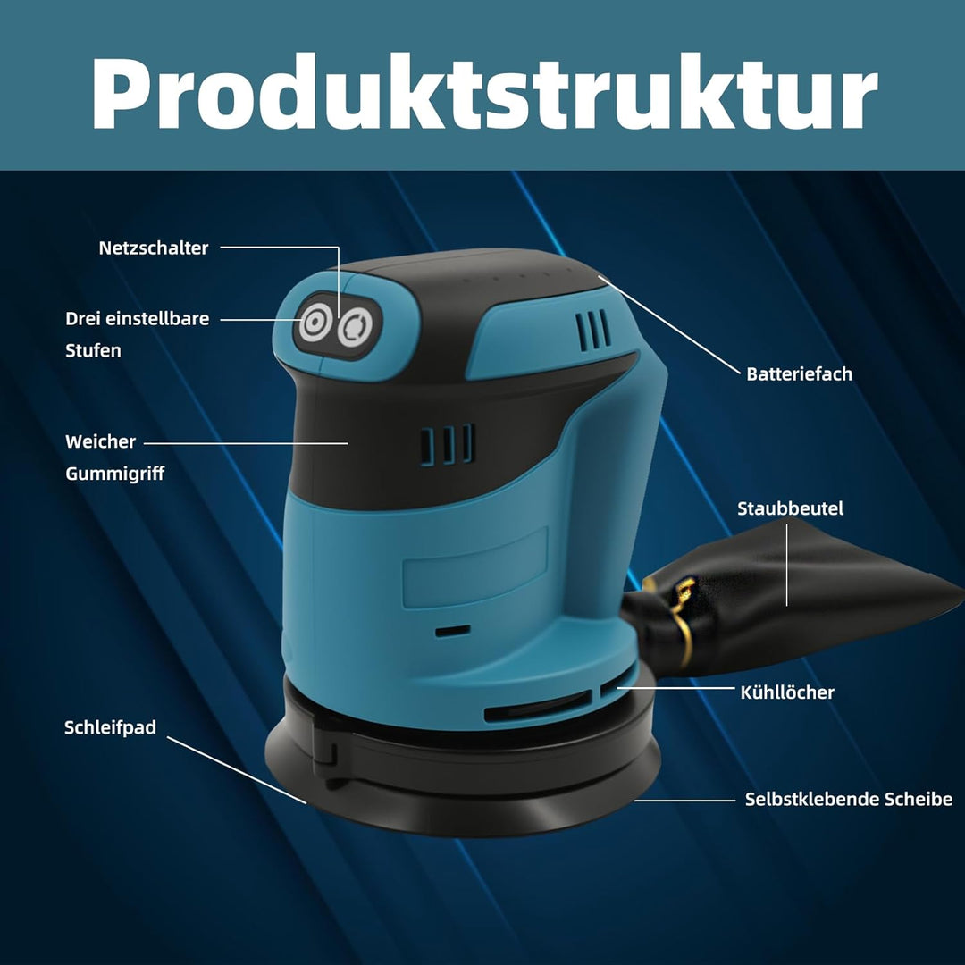 125mm Exzenterschleifer mit 6 Leistungsstufen – Kompatibel mit Makita 18V Akku, Schwingschleifer zum