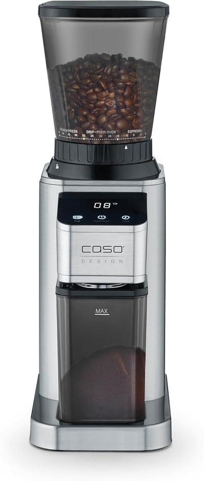 CASO BaristaChef Inox - elektrische Kaffeemühle, langlebiges Edelstahl-Kegelmahlwerk, mit Siebträger