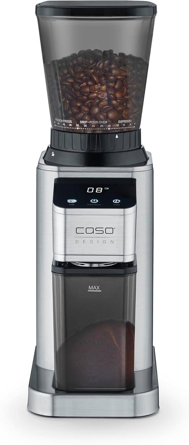 CASO BaristaChef Inox - elektrische Kaffeemühle, langlebiges Edelstahl-Kegelmahlwerk, mit Siebträger