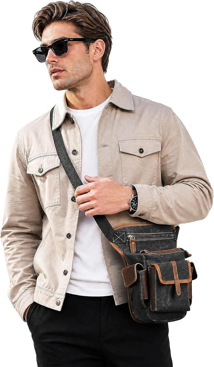 Herren Canvas + Leder Motorrad Reiten Tasche Beinbeutel Beintasche Aussenbeintasche Hüfttasche Drop