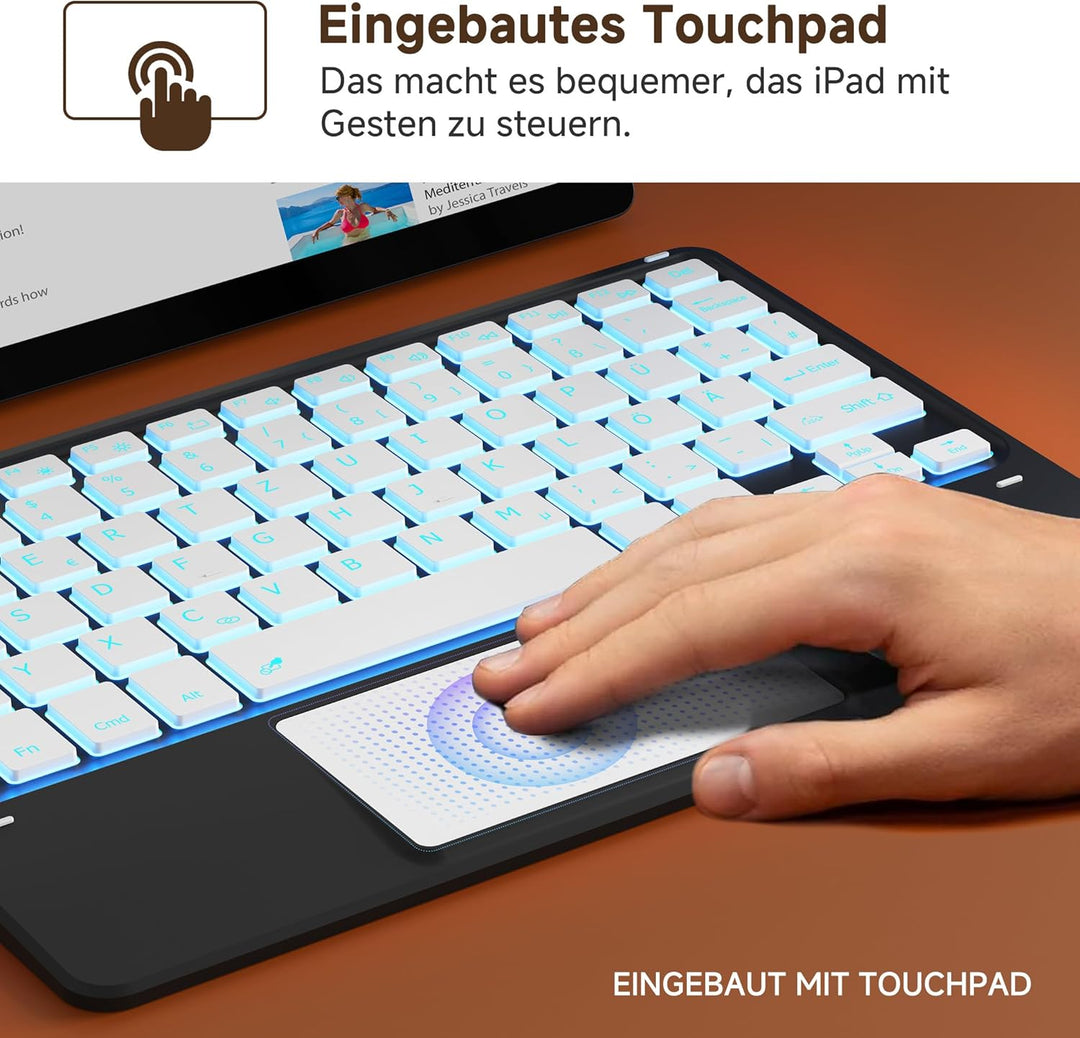 CACOE Bluetooth Tastatur mit Touchpad, [QWERTZ] Kabellose mit 7 Farben Beleuchtete Bluetooth Tastatu
