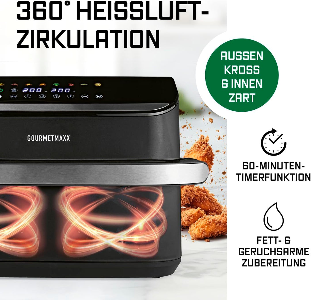 GOURMETmaxx Heissluftfritteuse, 10 L - 2 x 5 L Airfryer Vario-Kammer | Fritteuse mit 8 Programmen &amp;