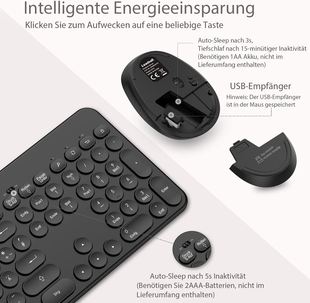 LeadsaiL Tastatur Maus Sets Kabellos,Ergonomische,Funk PC in Standardgrösse,Deutsch QWERTZ-Layout, L