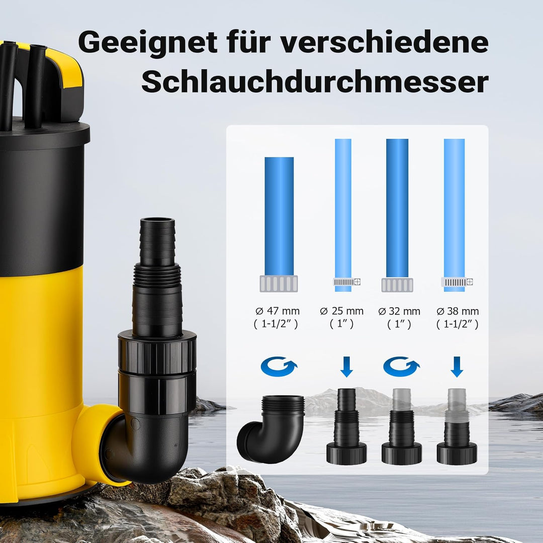 Wiltec Tauchpumpe mit Schwimmer 900 W, flachabsaugende Pumpe bis 1 mm, Tiefbrunnenpumpe 9 m Förderhö
