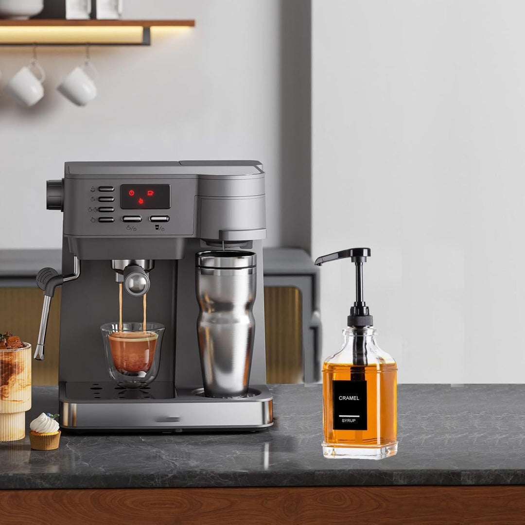 AXIM Kaffeesirupspender, Kaffeeset, 2 Sirupflaschen mit Pumpe und Etiketten, 500 ml Glas-Sirupflasch