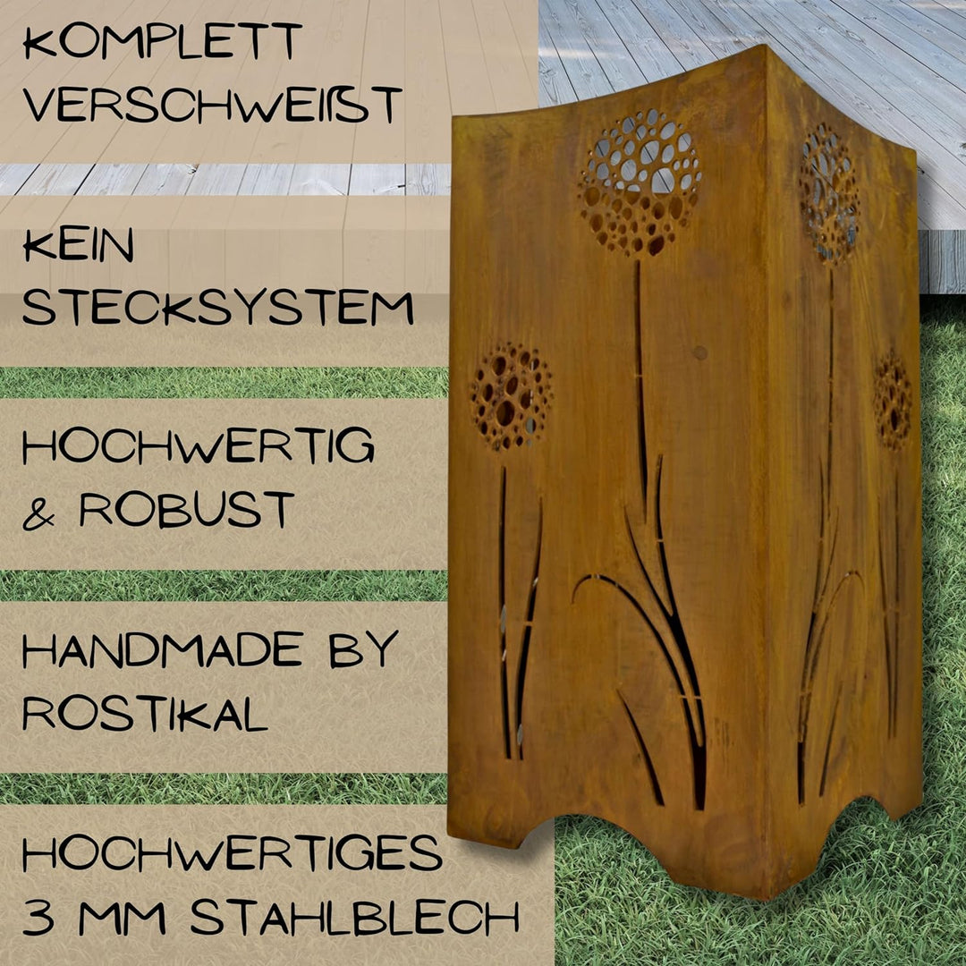 Rostikal | Feuerkorb mit Pusteblumen | Feuerstelle Feuerschale aus Metall Rost für Garten und Terras
