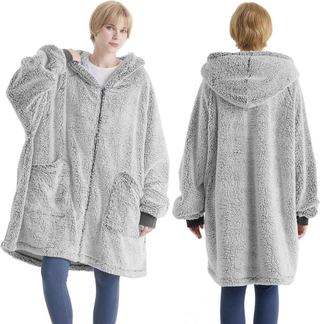 BEDSURE Hoodie Decke mit Ärmeln - Sherpa Deckenpullover mit Reissverschluss und Kapuze Grau, Tragbar