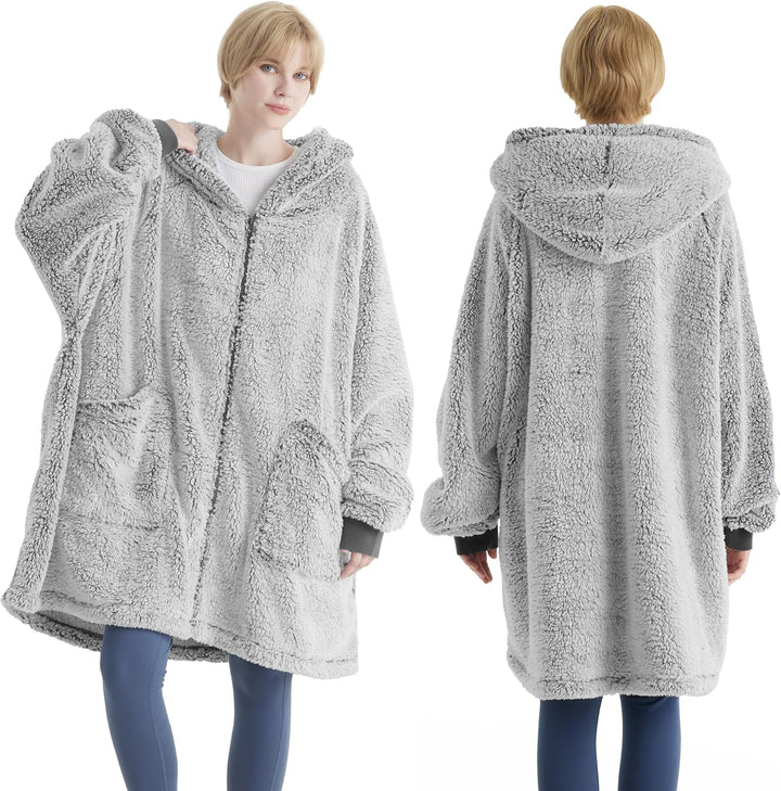 BEDSURE Hoodie Decke mit Ärmeln - Sherpa Deckenpullover mit Reissverschluss und Kapuze Grau, Tragbar